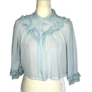 Vintage 60s Blush Pink Sheer Ruffle Bed Jacket Nylon Coquette Lingerie Medium